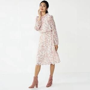 Draper James RSVP pink metallic floral long sleeve tiered midi dress womens